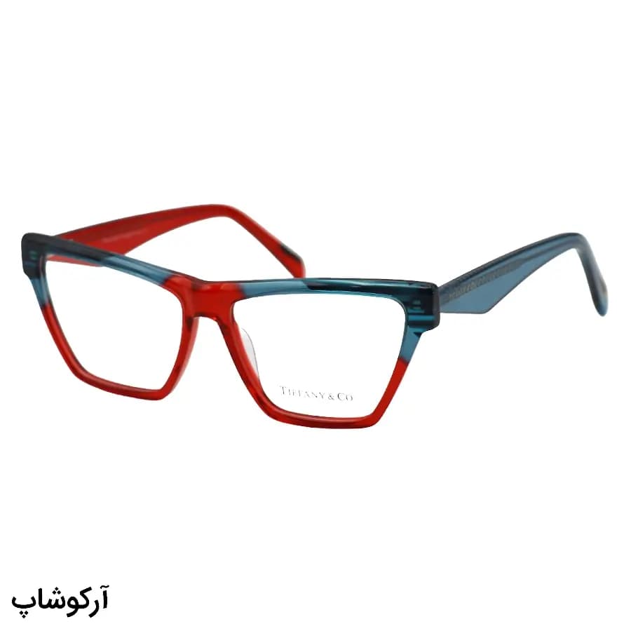 عینک طبی زنانه تیفانی با فریم سبز و قرمز، شکل چشم گربه‌ای، از جنس استات و دسته سبز و قرمز و سیم‌دار و لولا فنری مدل XL6030