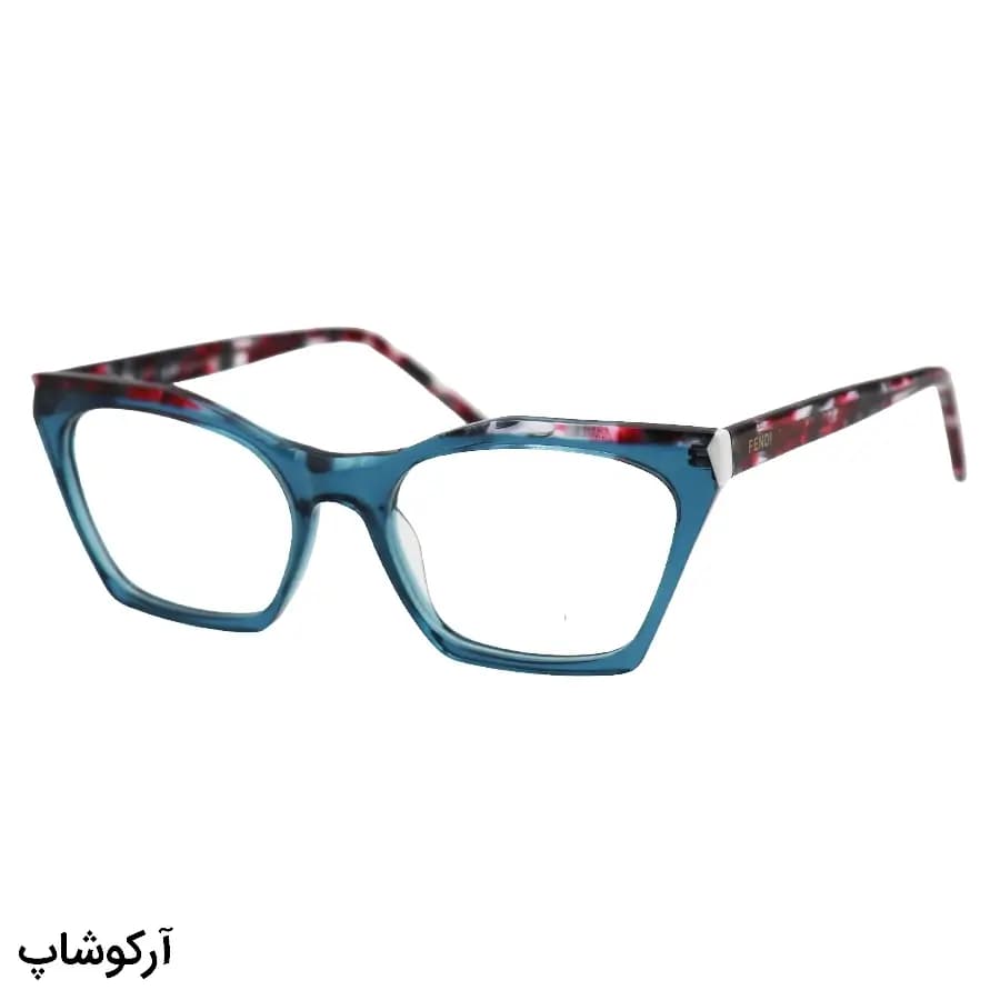 عینک طبی زنانه Fendi با فریم رنگ سبز، شکل چشم گربه‌ای، از جنس استات و دسته رنگ قرمز و سیم‌دار و لولا فنردار مدل XL6028
