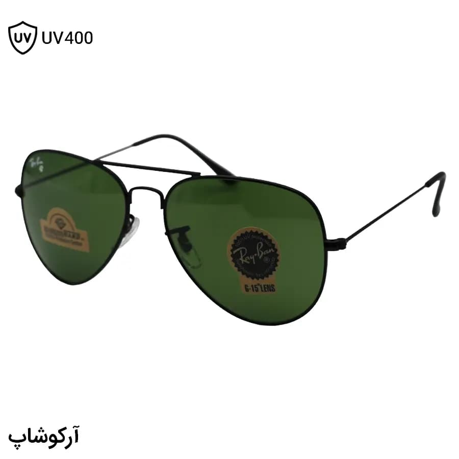 عینک آفتابی ریبن با فریم خلبانی، رنگ مشکی، عدسی سبز تیره و از جنس سنگ مدل RB3026