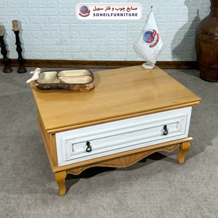 میز جلو مبلی نئو کلاسیک چوب و MDF مدل 139 سهیل (روکش طبیعی چوب بلوط)