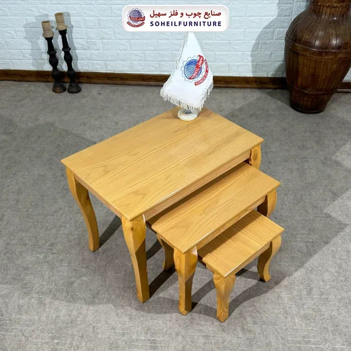میز عسلی سه تکه نئو کلاسیک چوب و MDF مدل 139 سهیل (روکش طبیعی چوب بلوط)