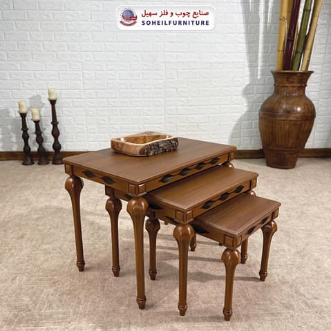 میز عسلی چوبی کلاسیک سه تیکه مدل 0081 سهیل — تصویر ۲