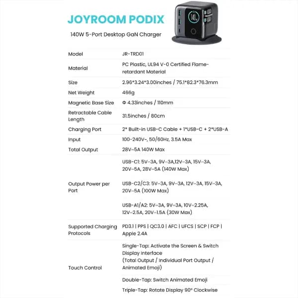 شارژر هوشمند رومیزی 140 وات جویروم مدل Joyroom JR-TRD01 PODIX — تصویر ۴