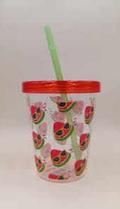 بطری در دار و نی دار مینیسو، مدل Fruit Series Plastic Water Bottle with Straw، هندوانه، سبز/قرمز، 440 میلی لیتر — تصویر ۲