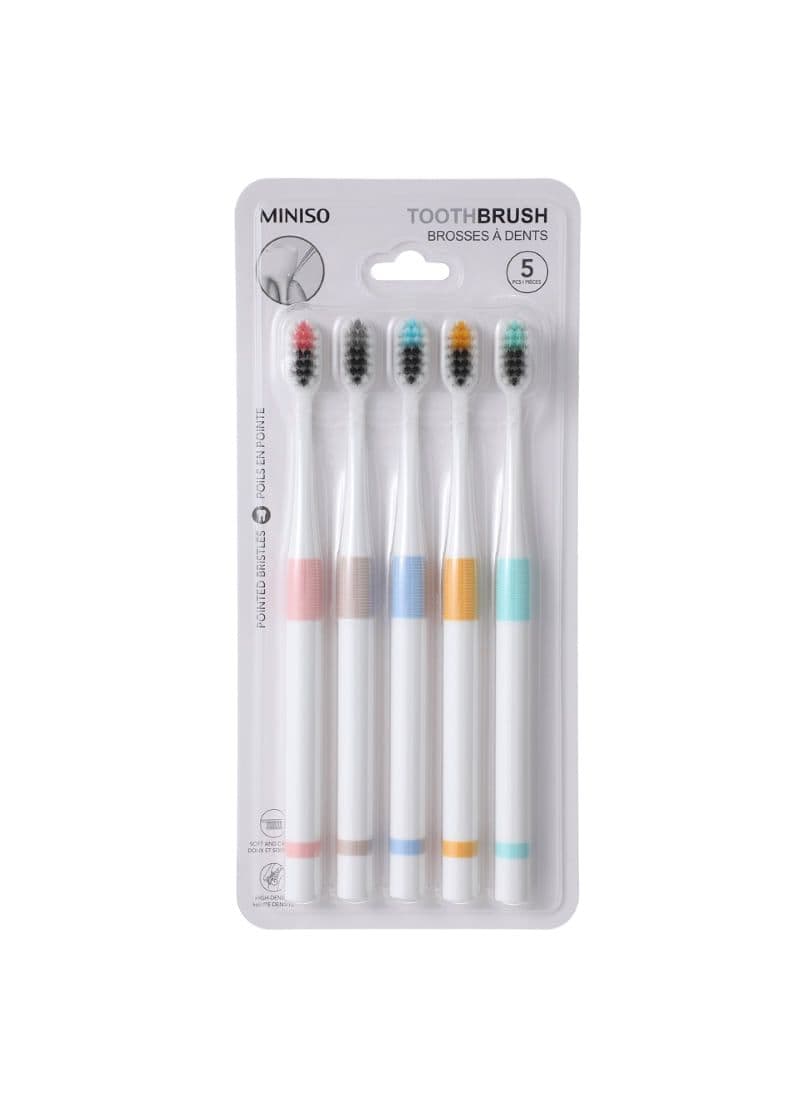 مسواک نرم مینیسو، مدل Miniso Binchotan High-Density Toothbrushes، آبی/صورتی/قهوایی/ سبز/زرد، 5 عددی