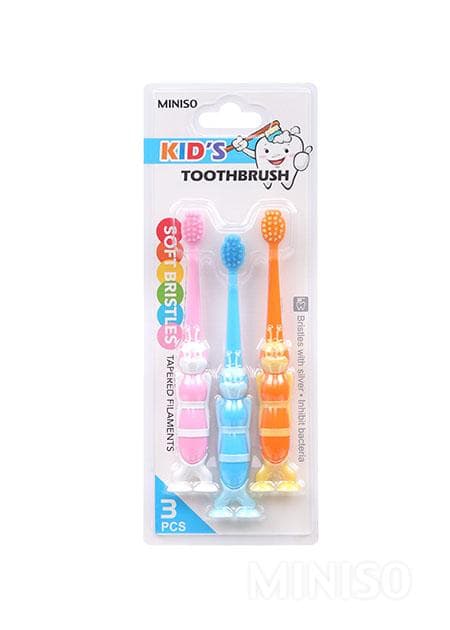 مسواک نرم مینیسو، مدل MINISO Bees Kid Toothbrush 3 Pack، طرح زنبوری، صورتی/آبی/ نارنجی، 3 عدد