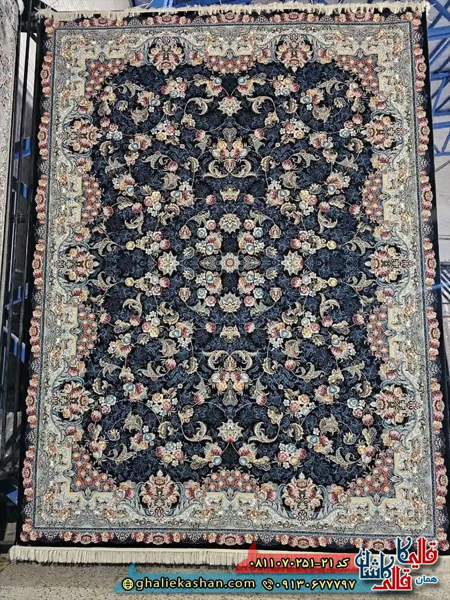 فرش کلاسیک 700 شانه طرح افشان الماس رنگ سرمه ای مشکی کاشان