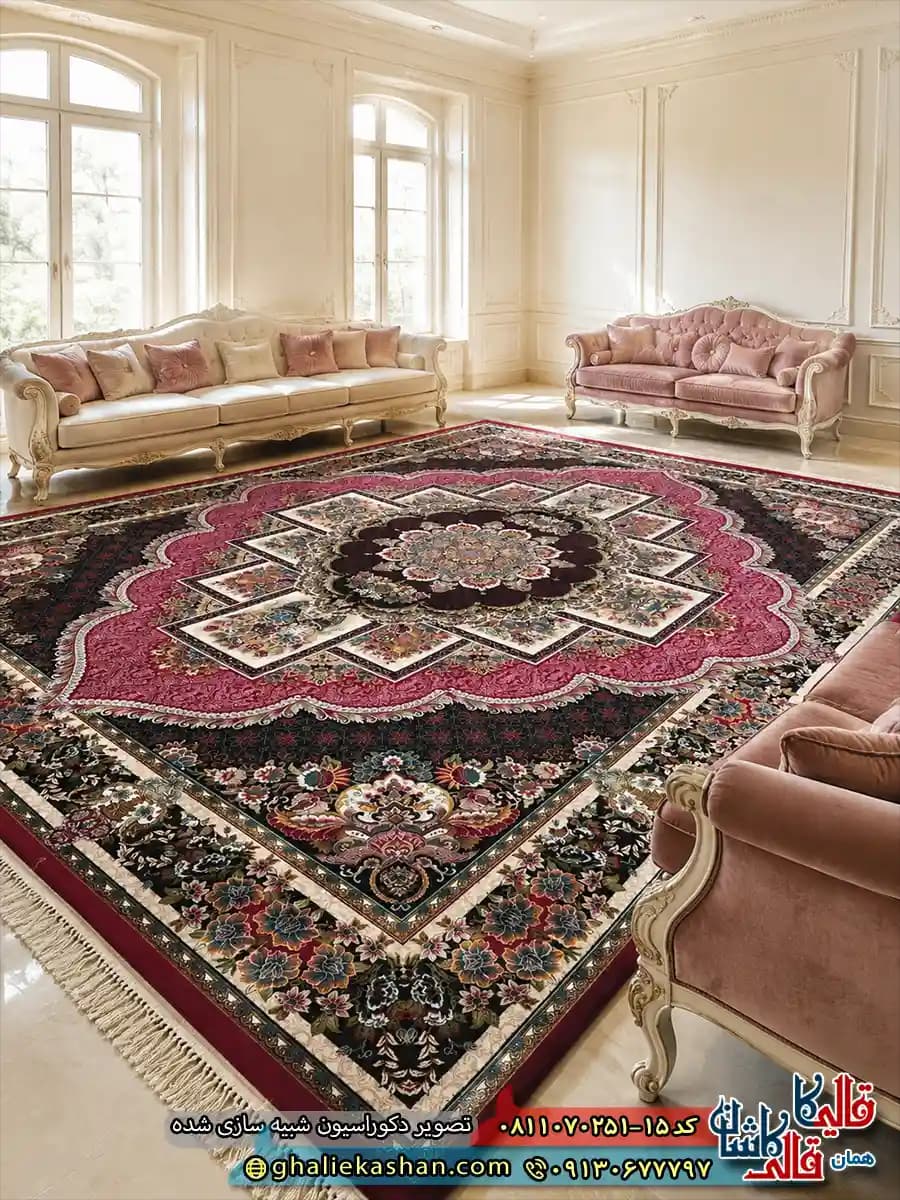 فرش کلاسیک 700 شانه طرح ناردون رنگ قرمز لاکی کاشان — تصویر ۲