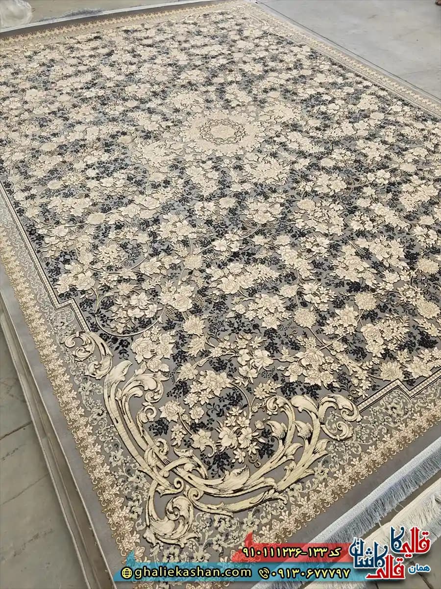 فرش طلاکوب 1200 شانه طرح افشان گندم رنگ طوسی خاکستری گل برجسته کاشان — تصویر ۲