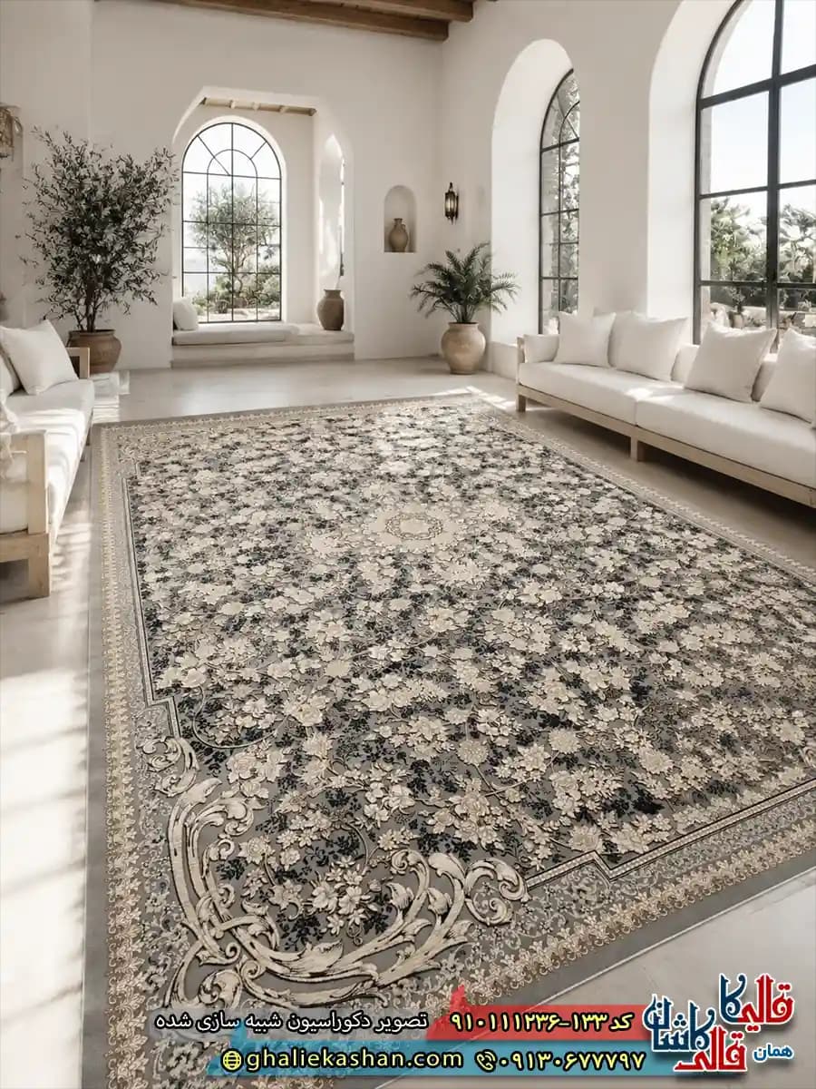 فرش ‌طلاکوب ‌1200 ‌شانه ‌طرح ‌افشان ‌گندم ‌رنگ ‌طوسی ‌خاکستری ‌گل ‌برجسته ‌کاشان ‌