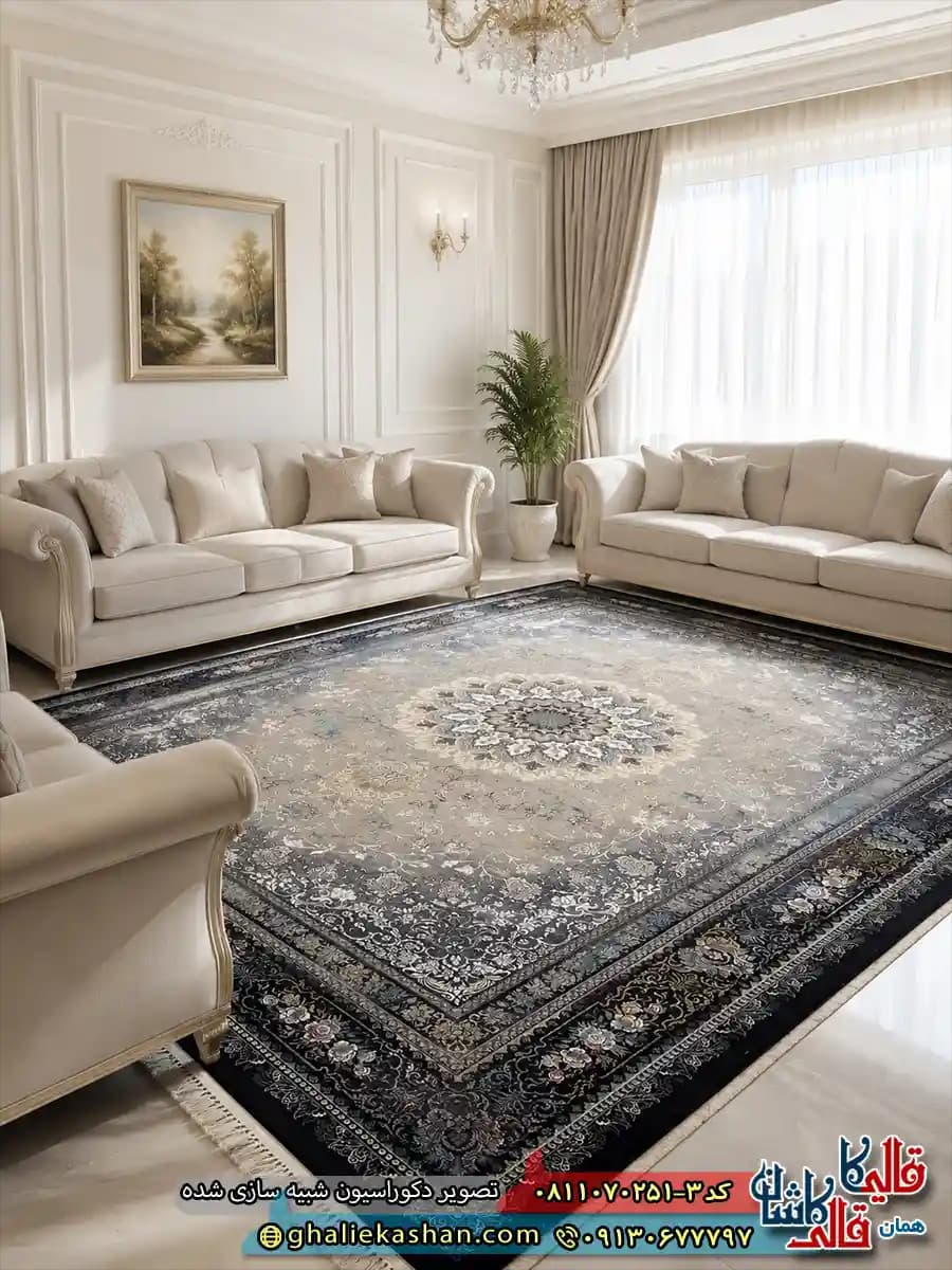فرش طلاکوب وینتیج 700 شانه طرح دریا رنگ سرمه ای مشکی کاشان — تصویر ۲