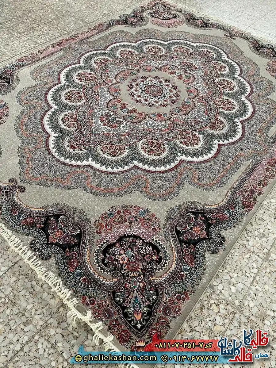 فرش کلاسیک 700 شانه طرح باغ ملک رنگ طوسی فیلی کاشان