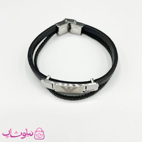 دستبند مردانه چرم و استیل مدل امپریو آرمانی نقره ای کد 1188