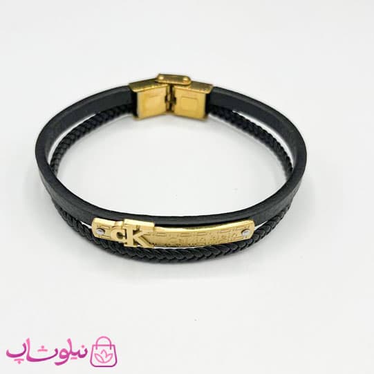 دستبند مردانه طرح سی کی CK چرم مشکی طلایی کد 1188