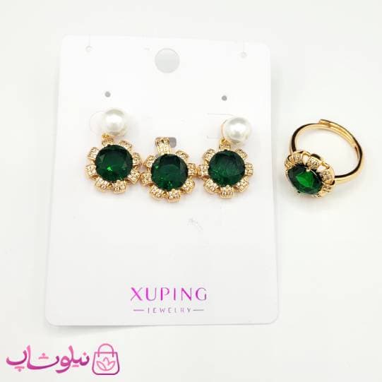 ست گوشواره، پلاک و انگشتر ژوپینگ مدل گل سبز کد 4991 — تصویر ۲