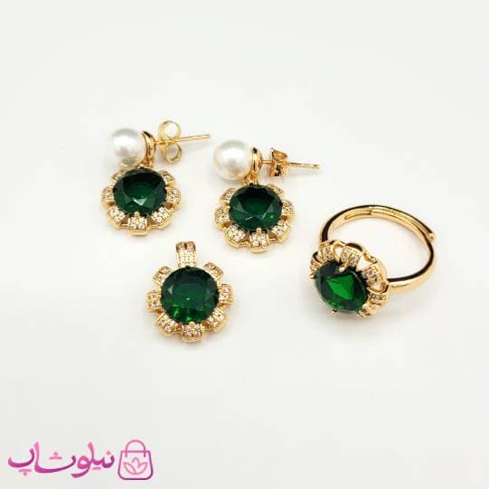 ست گوشواره، پلاک و انگشتر ژوپینگ مدل گل سبز کد 4991