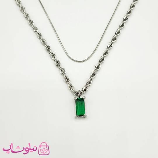 گردنبند زنانه طنابی دولاین نقره ای با نگین سبز کد 1891