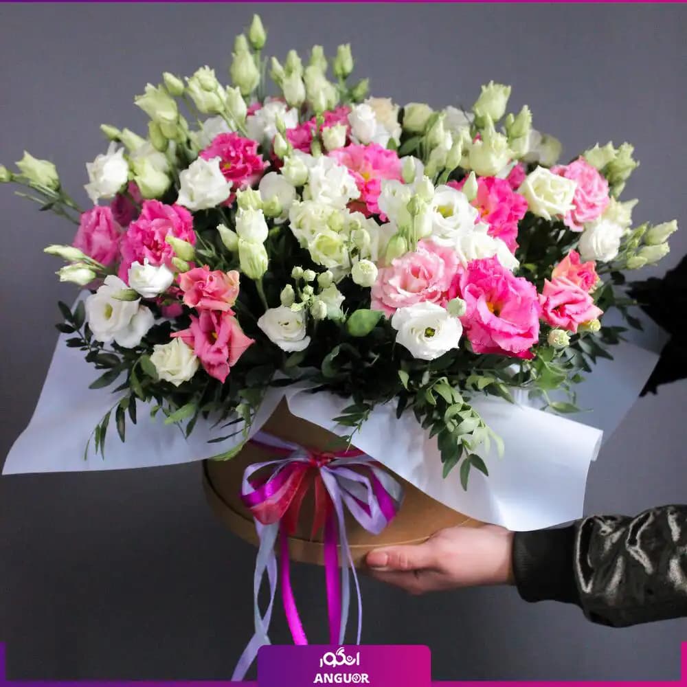 باکس گل لیسیانتوس ترکیب سفید و صورتی