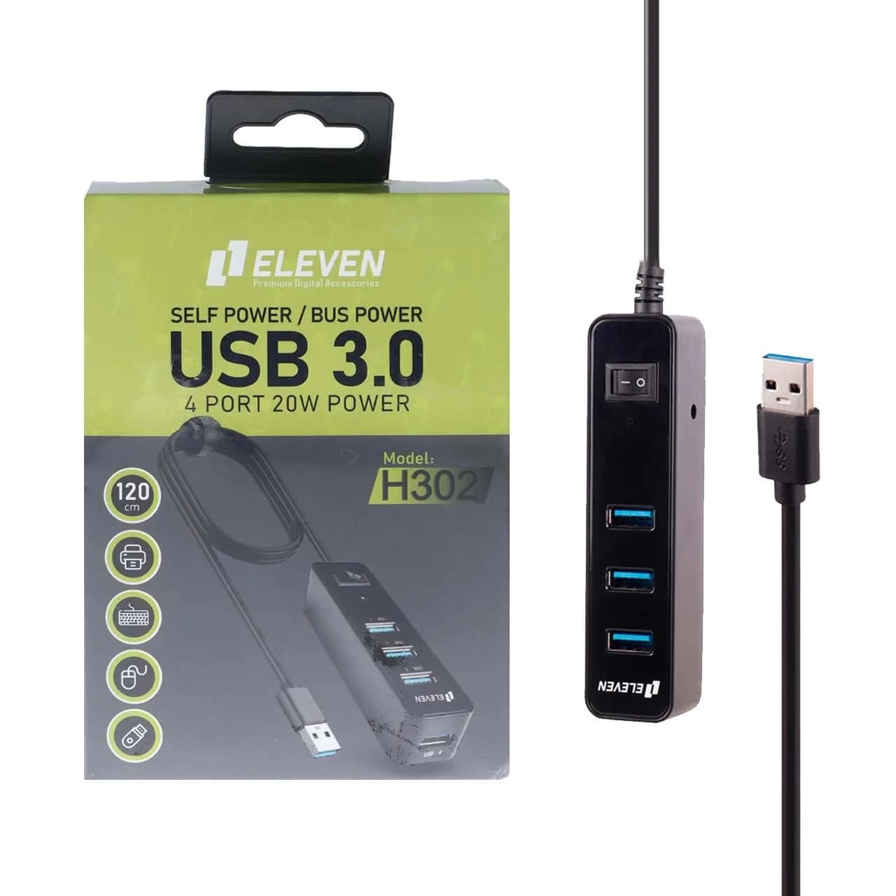 هاب 4 پورت Eleven USB3.0 مدل H302 – مشکی (گارانتی یکساله شرکتی)
