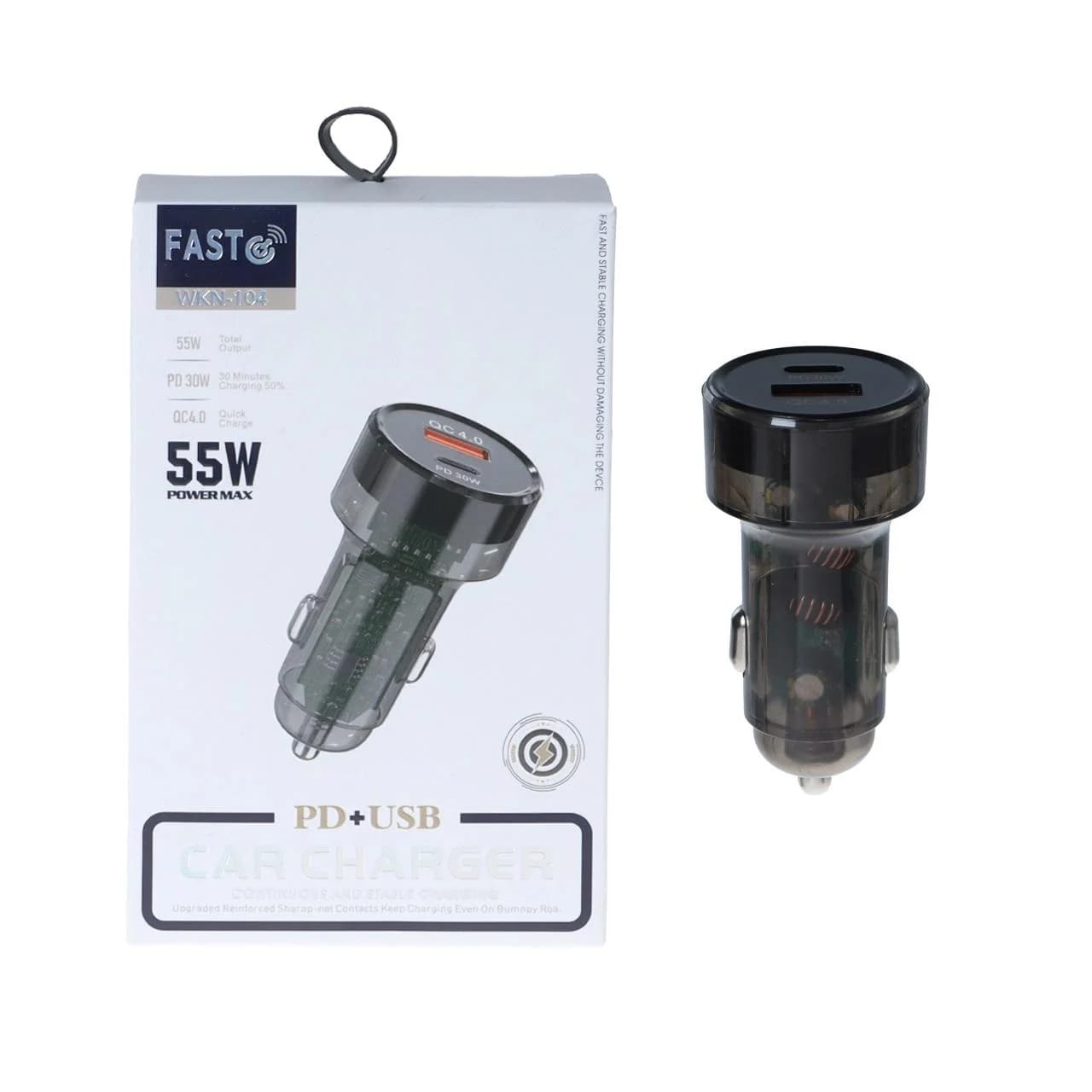 شارژر فندکی PD و فست دو پورت Fast مدل WKN-104 55W – مشکی – KZN (اصل چین)