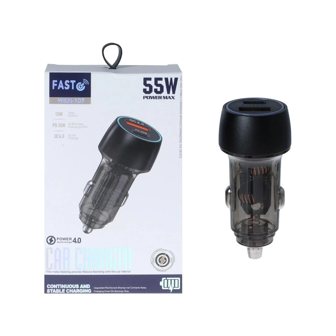 شارژر فندکی PD و فست دو پورت Fast مدل WKN-107 55W – مشکی – KZN (اصل چین)