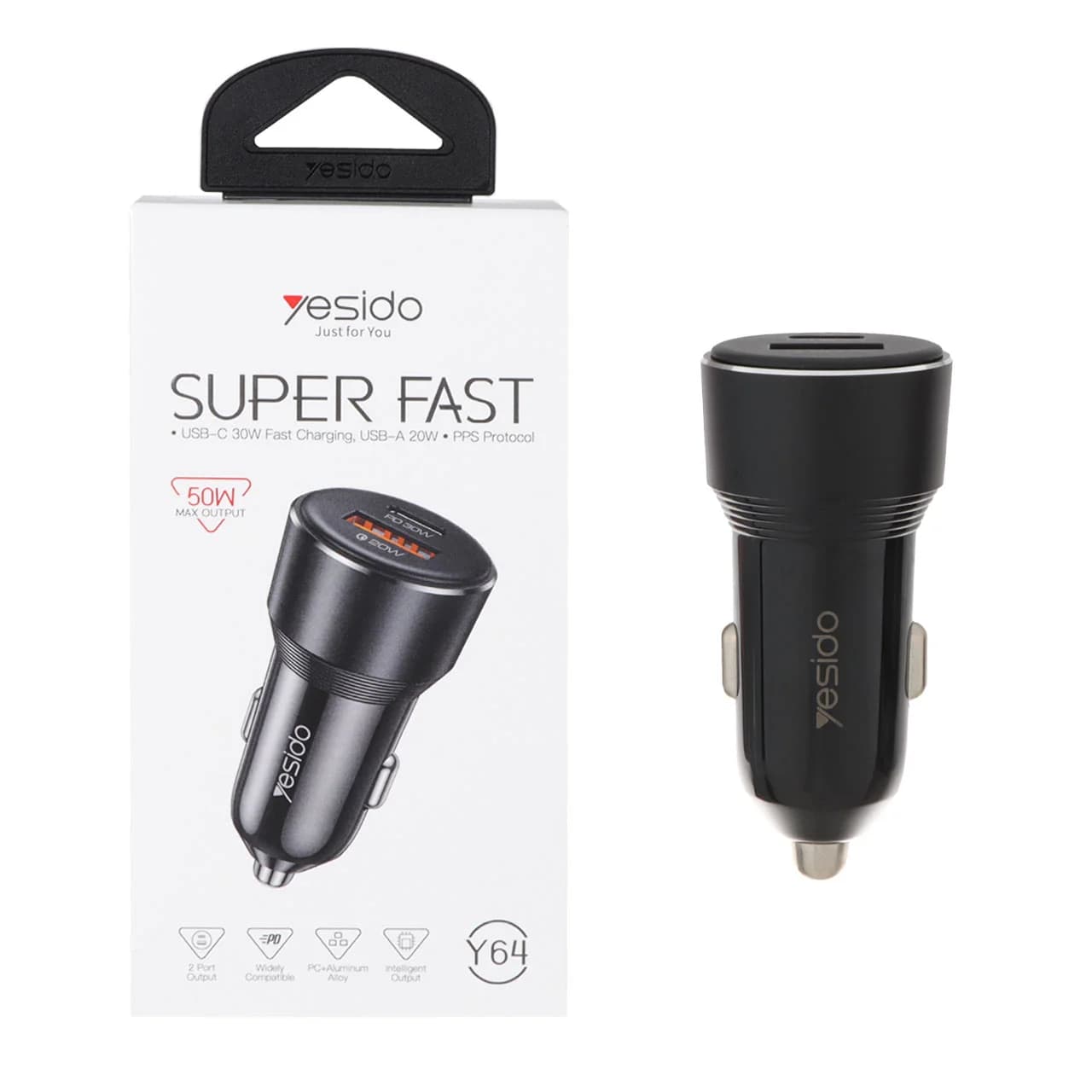 شارژر فندکی PD و فست دو پورت Yesido مدل Y64 50W – مشکی (گارانتی 18 ماه تعویض نیکان همراه)