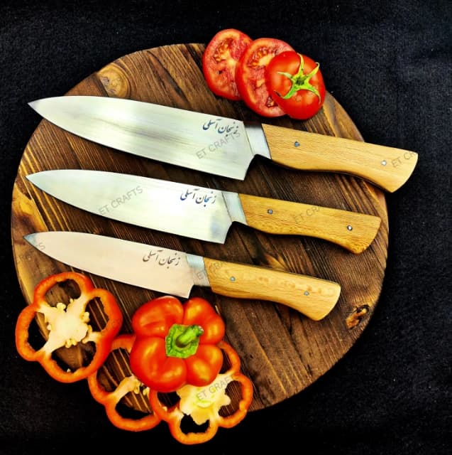 ست چاقو آشپزخانه استیل آسلی دسته چوب گردو (3 پارچه دست‌ساز زنجان)