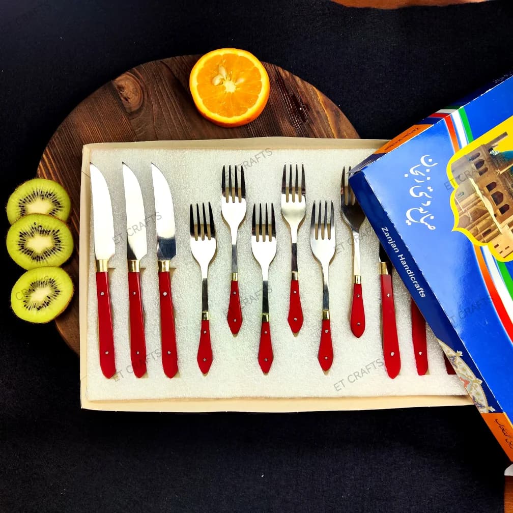 ست کارد و چنگال میوه خوری ۱۲ پارچه استیل آسلی با دسته فیبر آلمانی (دستساز زنجان) + جعبه کادویی — تصویر ۴
