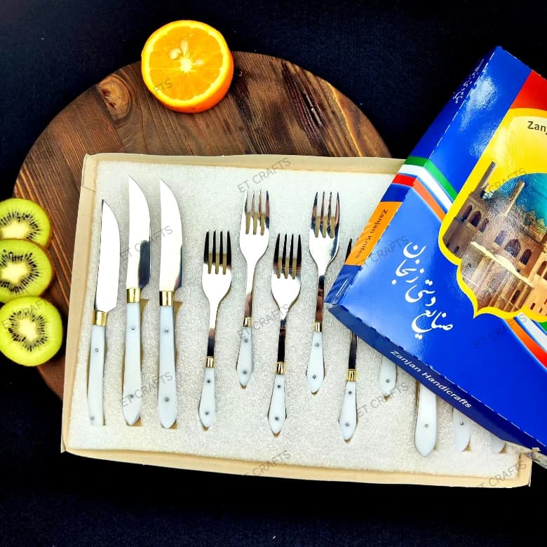 ست کارد و چنگال میوه خوری ۱۲ پارچه استیل آسلی با دسته فیبر آلمانی (دستساز زنجان) + جعبه کادویی — تصویر ۳