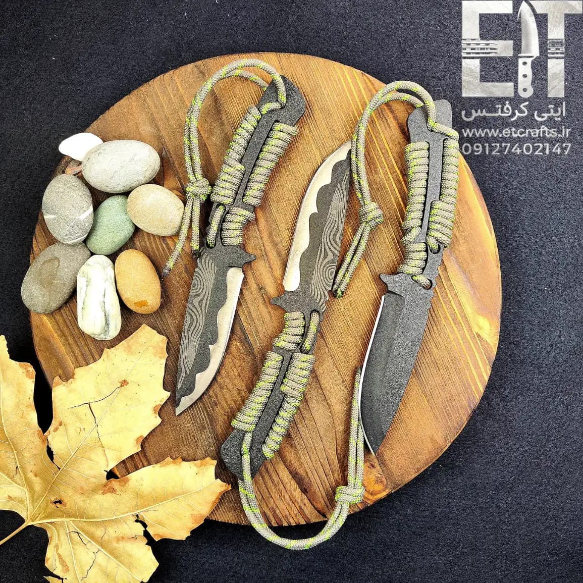 چاقو بوشکرفت دسته پاراکورد رنگ کوره هما (تیغه فولاد 80CRV2 دست‌ساز استاد مقدمی زنجان) | همراه با غلاف برزنتی
