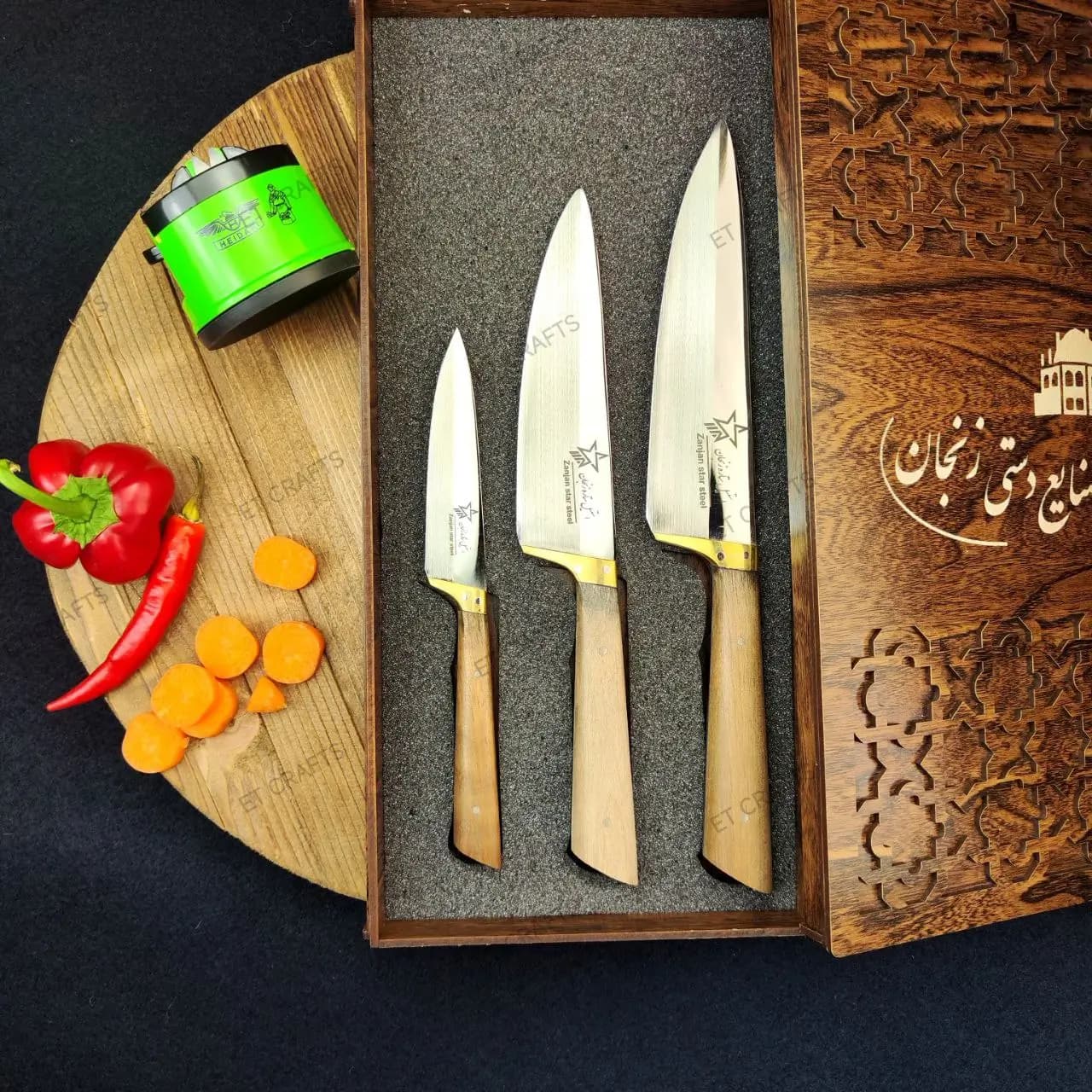 ست هدیه چاقو سه تایی ستاره زنجان (دسته چوب گردو) با جعبه و چاقو تیزکن حیدری