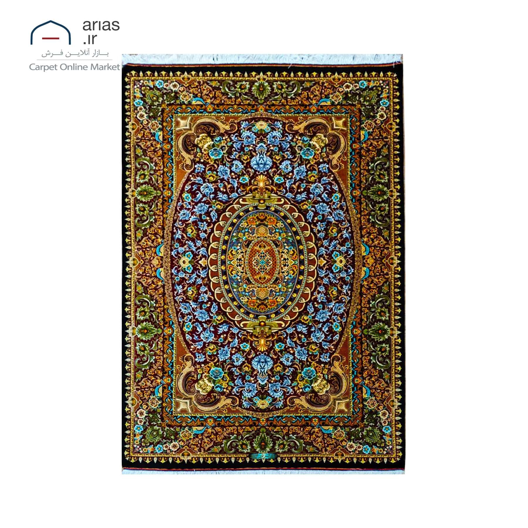 فرش دستباف تمام ابریشم ذرع نیم زمینه الوان مارک نورمحمدی بافت قم کد D03312G
