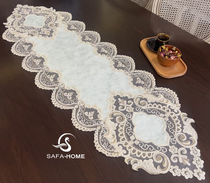 رومیزی پاشا مخمل 5 تکه مدل ستاره مرواریدی سبزآبی — تصویر ۷