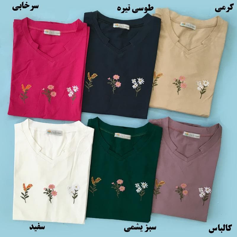 تیشرت زنانه گلدوزی طرح 3 شاخه گل در 2 سایز — تصویر ۲