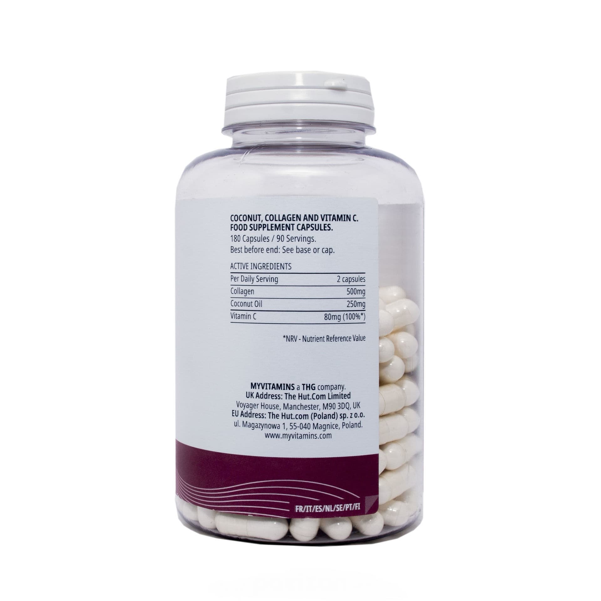 مکمل تقویت پوست و موی نارگیل و کلاژن مای ویتامینز Myvitamins Coconut Collagen تعداد 180 عدد — تصویر ۴