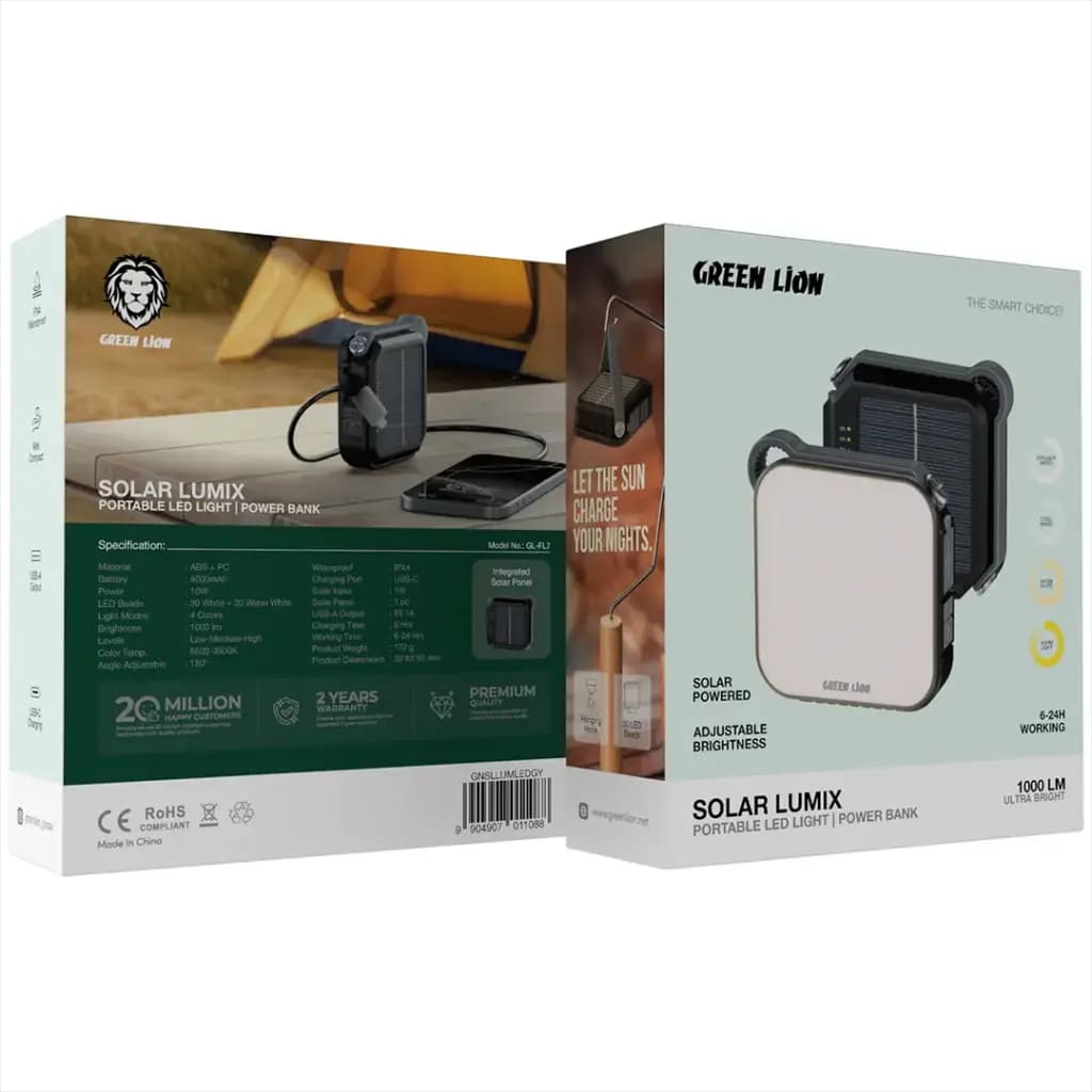 چراغ LED قابل حمل گرین لاین مدل Green Lion Solar Lumix 4000mAh Gray — تصویر ۴