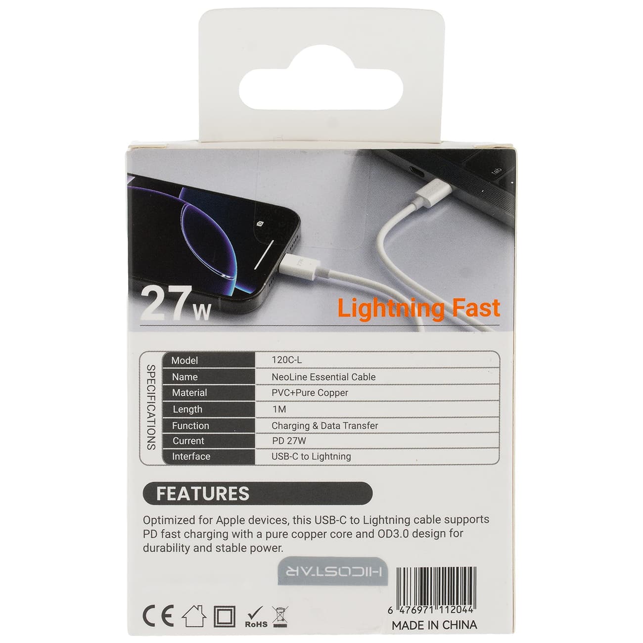 کابل تایپ سی به لایتنینگ 27 وات هایکو استار HICOSTAR مدل 120C-L یک متری — تصویر ۵