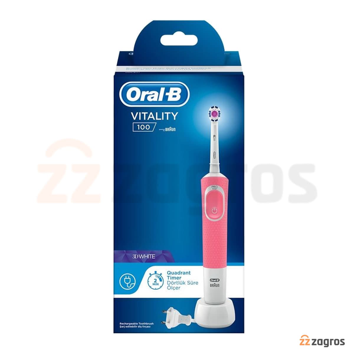 مسواک برقی اورال بی Oral-B مدل Vitality 100 رنگ صورتی با یدک 3D white سفید کننده — تصویر ۲