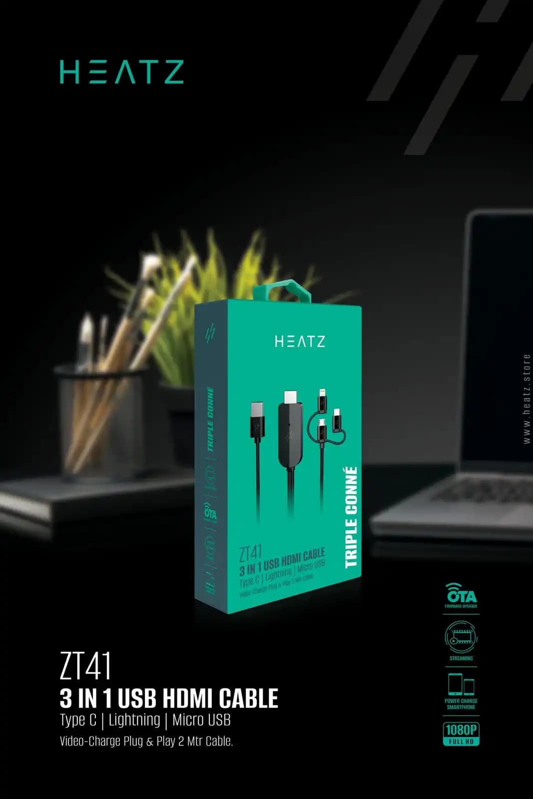 تبدیل کابلی 3 در 1 تبدیل USB به HDMI مدل ZT41 heatz