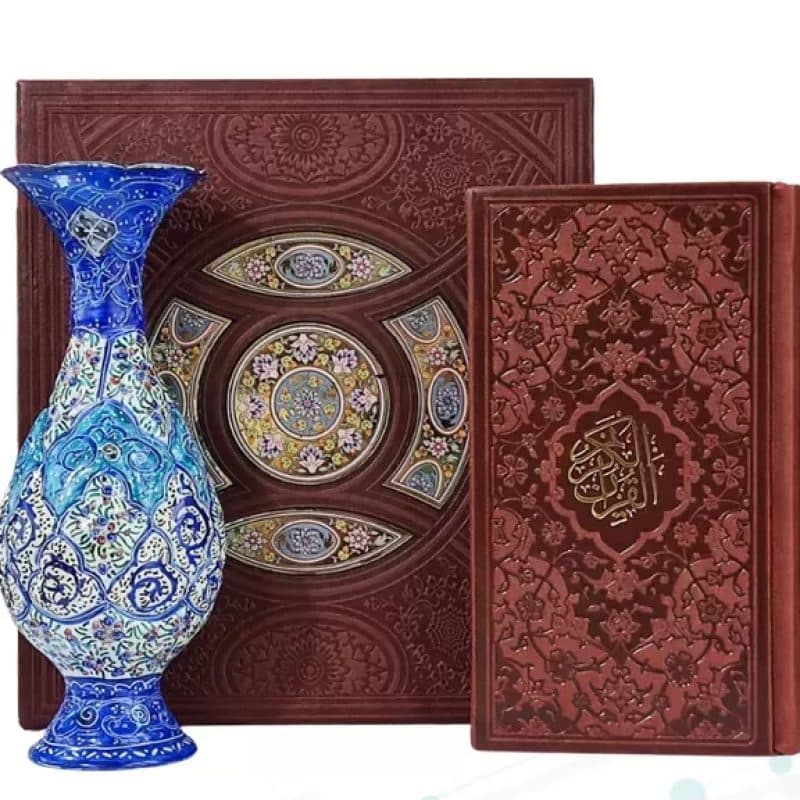 قرآن پالتویی چرم با گلدان مینا