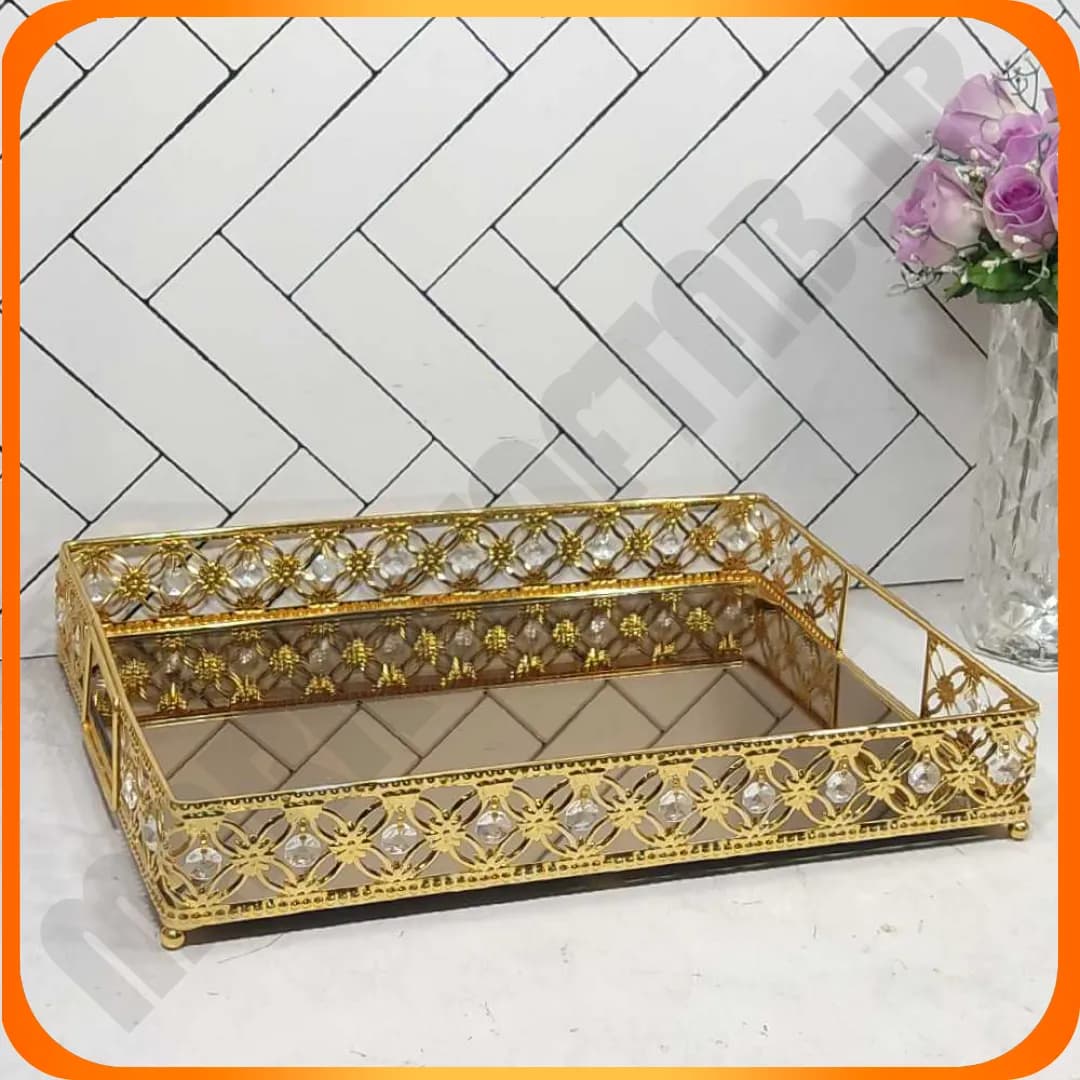 سینی مستطیل کریستال بزرگ طلایی ماربل خاتم — تصویر ۲