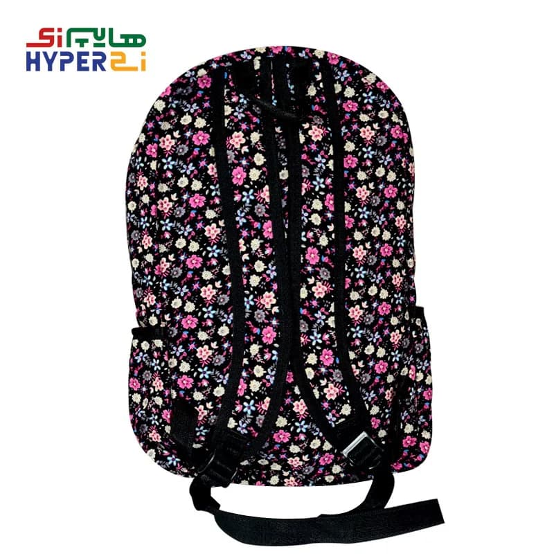 کوله پشتی دخترانه زیماژ کد K010 طرح زمینه مشکی گل دار — تصویر ۳
