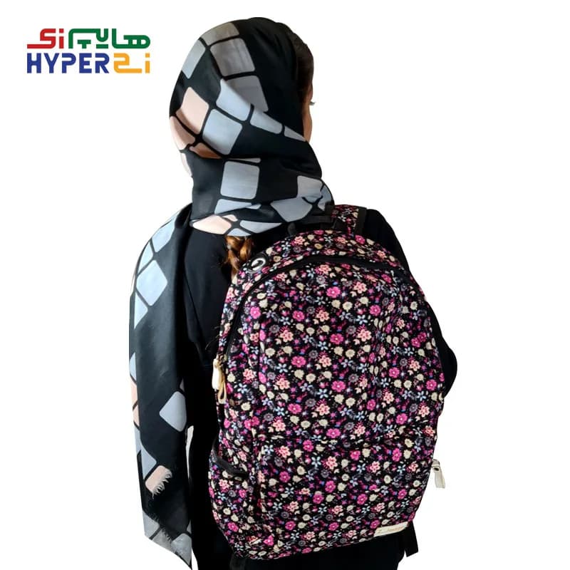 کوله پشتی دخترانه زیماژ کد K010 طرح زمینه مشکی گل دار — تصویر ۲