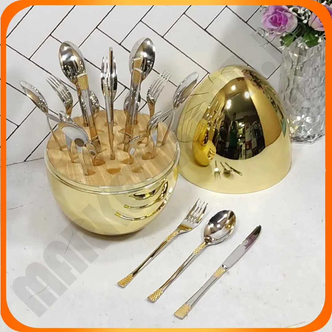 ست قاشق چنگال 24 پارچه با استند تخم مرغی A610 طلایی — تصویر ۲