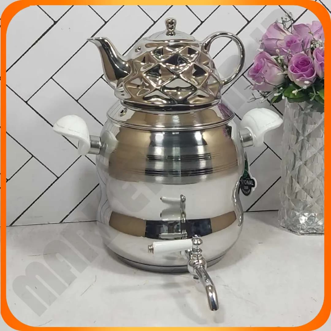 کتری قوری طرح مشک استیل دو دسته باکالیت سفید ناسیونال