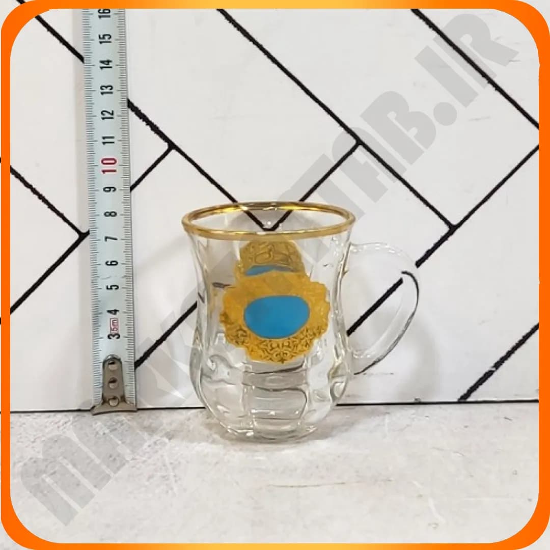 AMZB65-1 فنجان دسته دار دیم لب طلا طرح دار آبی — تصویر ۳