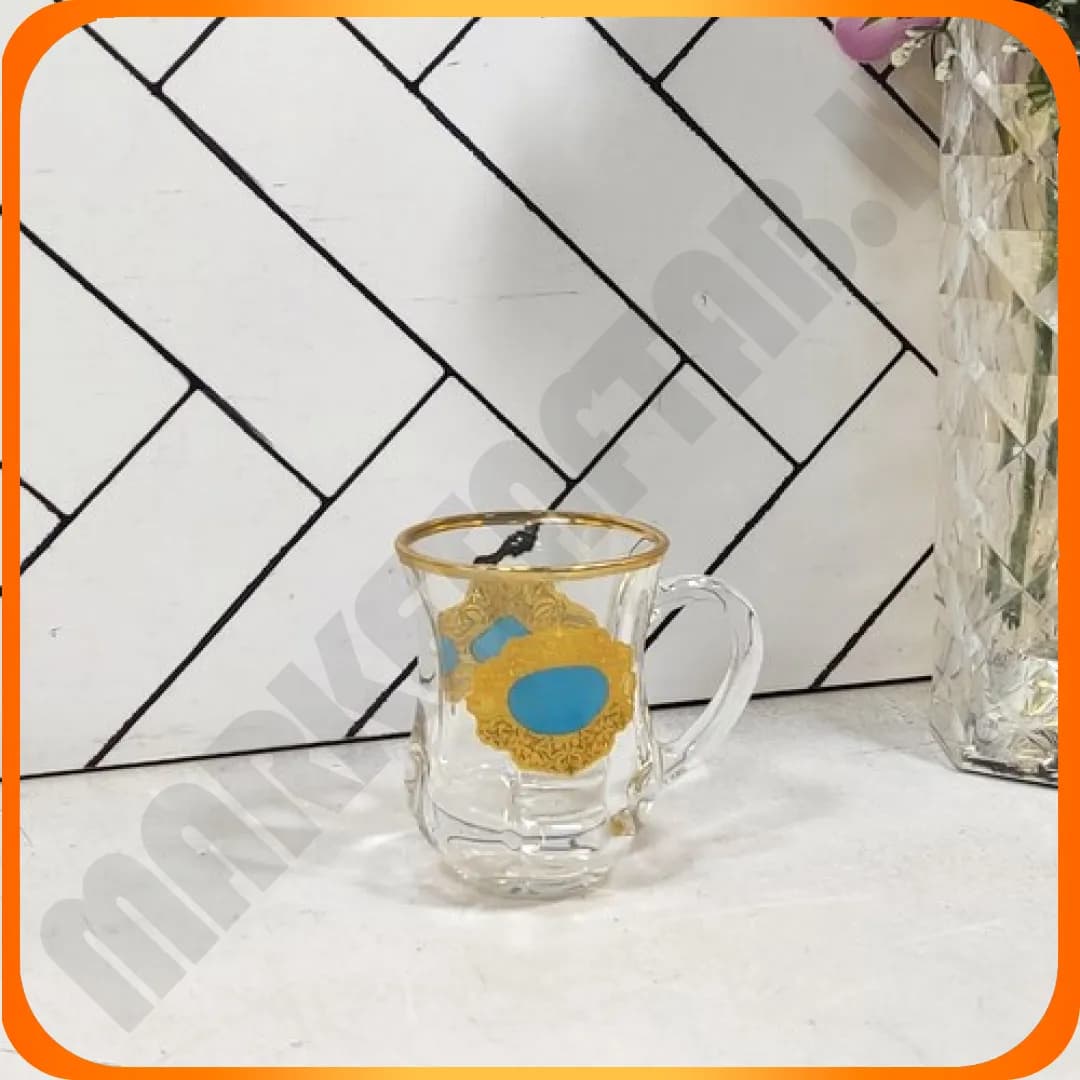 AMZB65-1 فنجان دسته دار دیم لب طلا طرح دار آبی