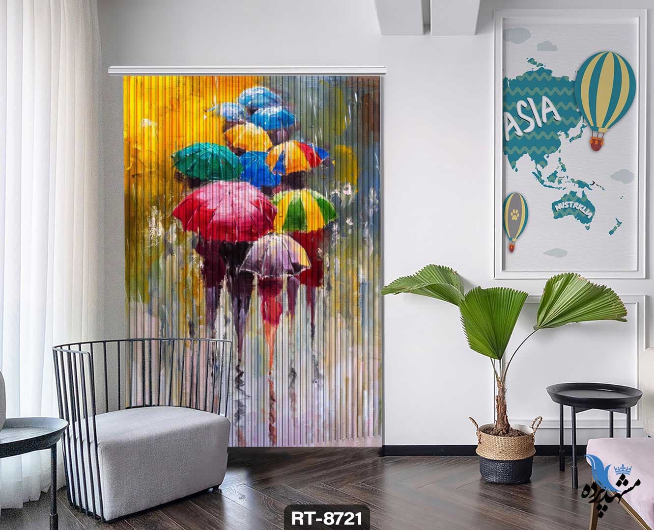 پرده شرشره تصویری طرح فانتزی آدم ها زیر چتر RT8721