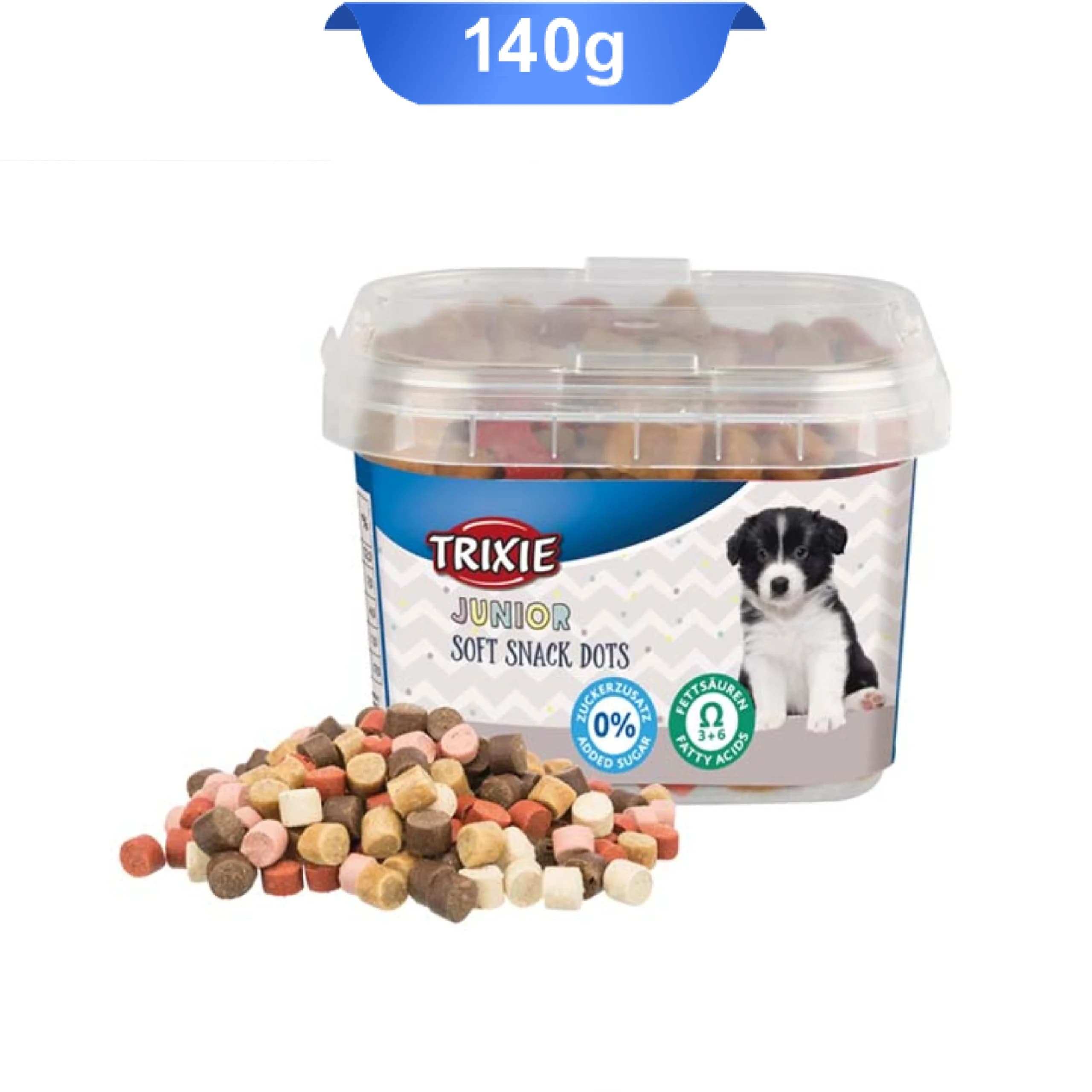تشویقی توله سگ تریکسی طرح دانه نقطه ای (سطلی) طعم میکس حاوی امگا وزن 140 گرم Trixie Junior Soft Snack