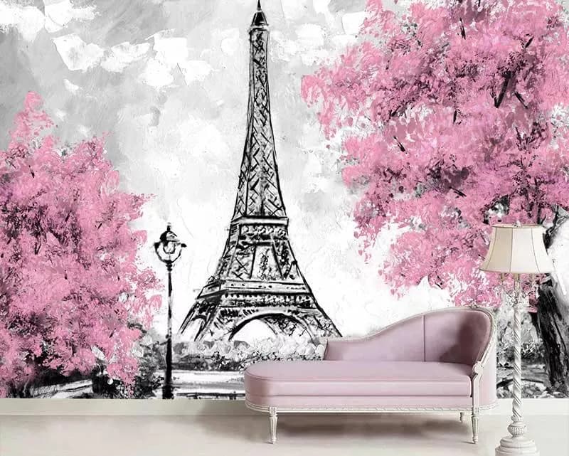 پوستر دیواری پاریس و شکوفه های صورتی — تصویر ۲